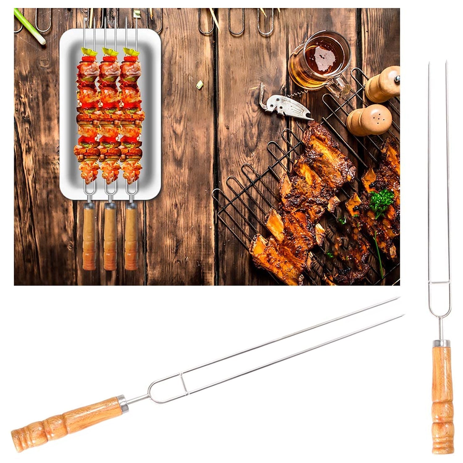2878 Stainless Steel Double Prongs Roasting Stick BBQ Barbecue Fork Kebab Skewers Wooden Handle DeoDap 2878 Stainless Steel Double Prongs Roasting Stick BBQ Barbecue Fork Kebab Skewers Wooden Handle DeoDap